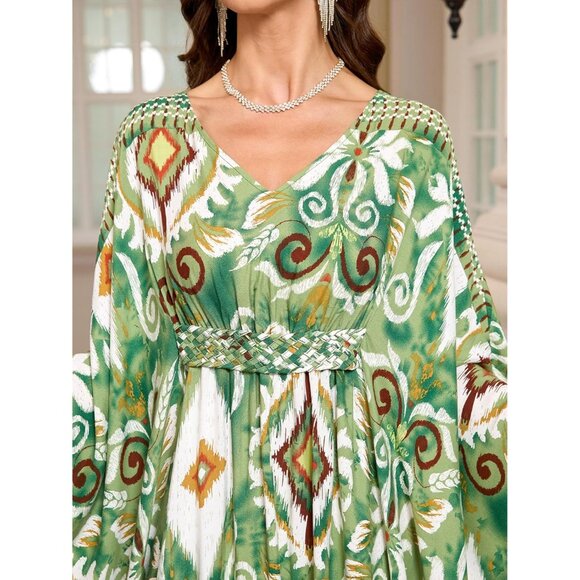 Women's 1 Green 100% Polyester V Neck Summer Beach Dresses Cover Ups Caftan Maxi - Picture 6 of 6